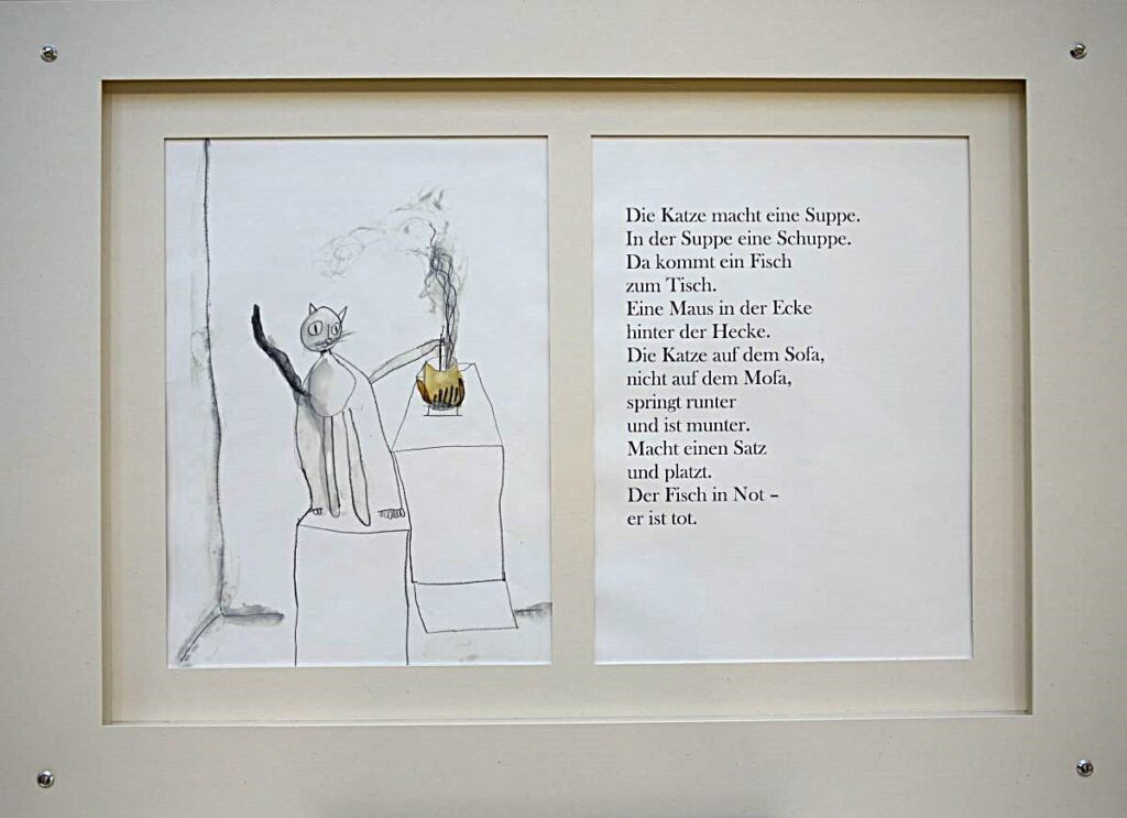 Die Katze macht eine Suppe. In der Suppe eine Schuppe. Da kommt ein Fisch zum Tisch. 2023 Bleistift/Aquarell